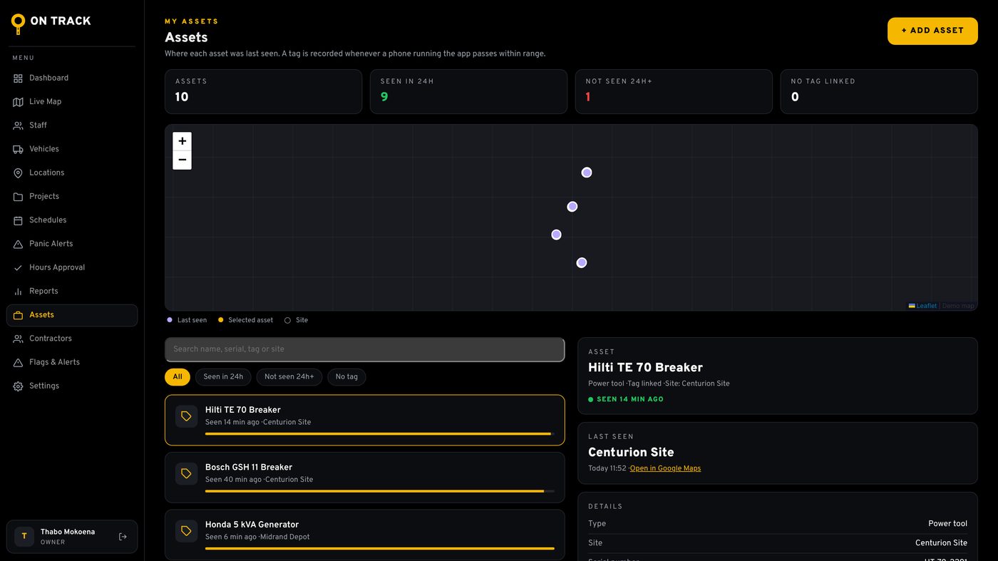 Assets page in the web console (sample data)